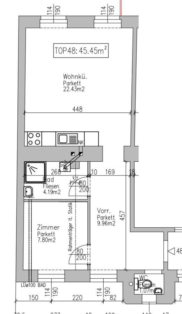 Grundriss der Wohnung TOP 48 mit Wohnküche, Zimmer und WC, Gesamtfläche 45.45m².