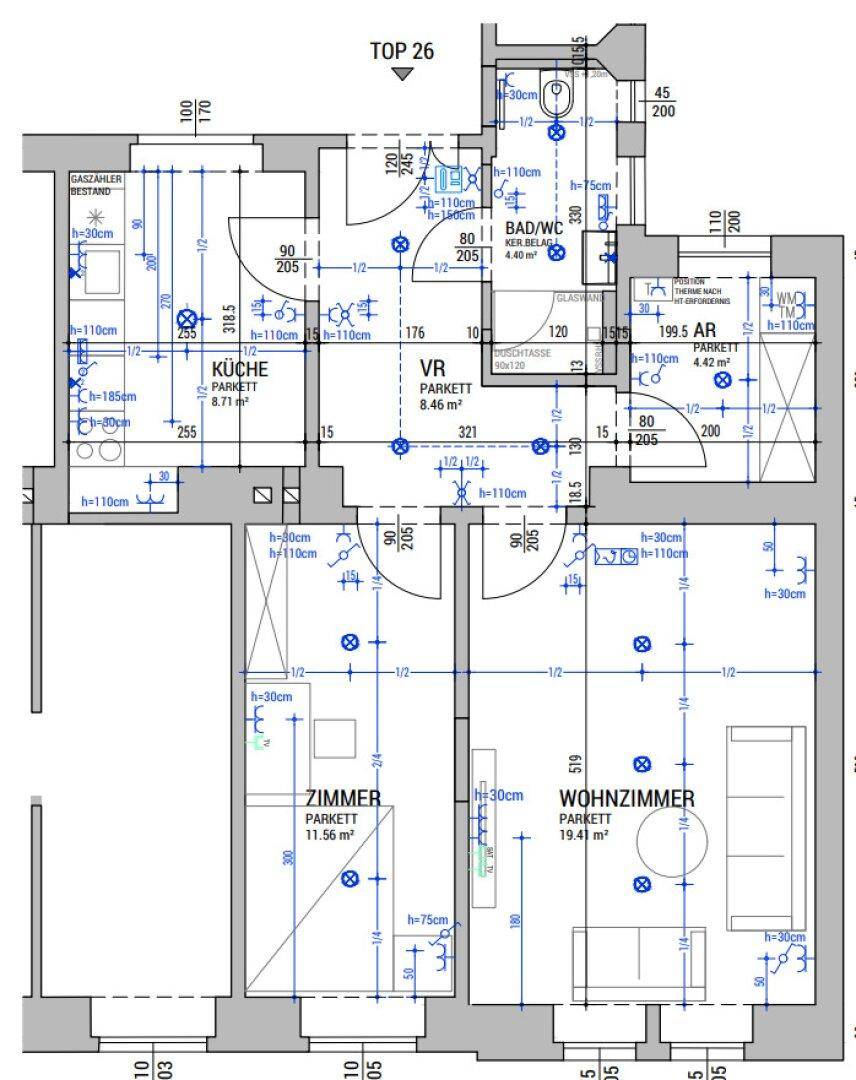 Grundriss der Wohnung Top 26 mit Zimmern, Küche, Bad und Abstellraum.