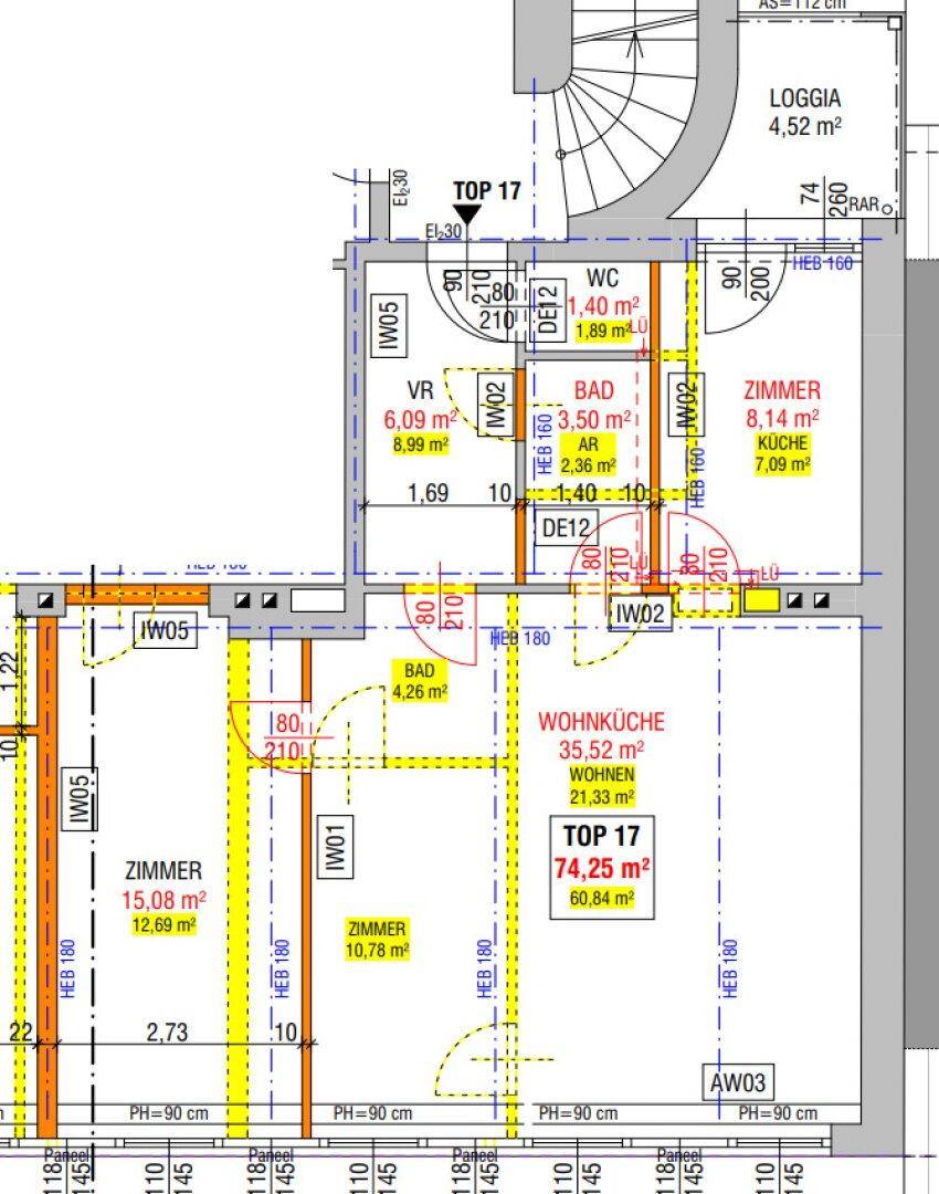 Grundriss einer Wohnung mit offener Wohnküche, Loggia und direktem Gartenzugang.