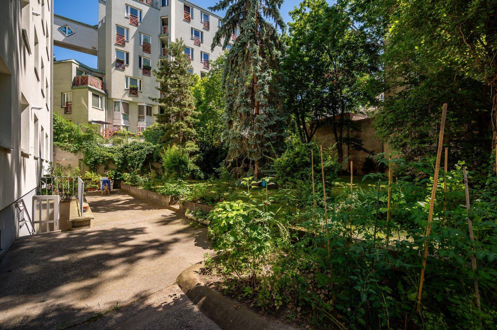 Grüner, gepflegter Gartenbereich mit vielfältiger Bepflanzung und hohen Bäumen hinter einem Wohngebäude.