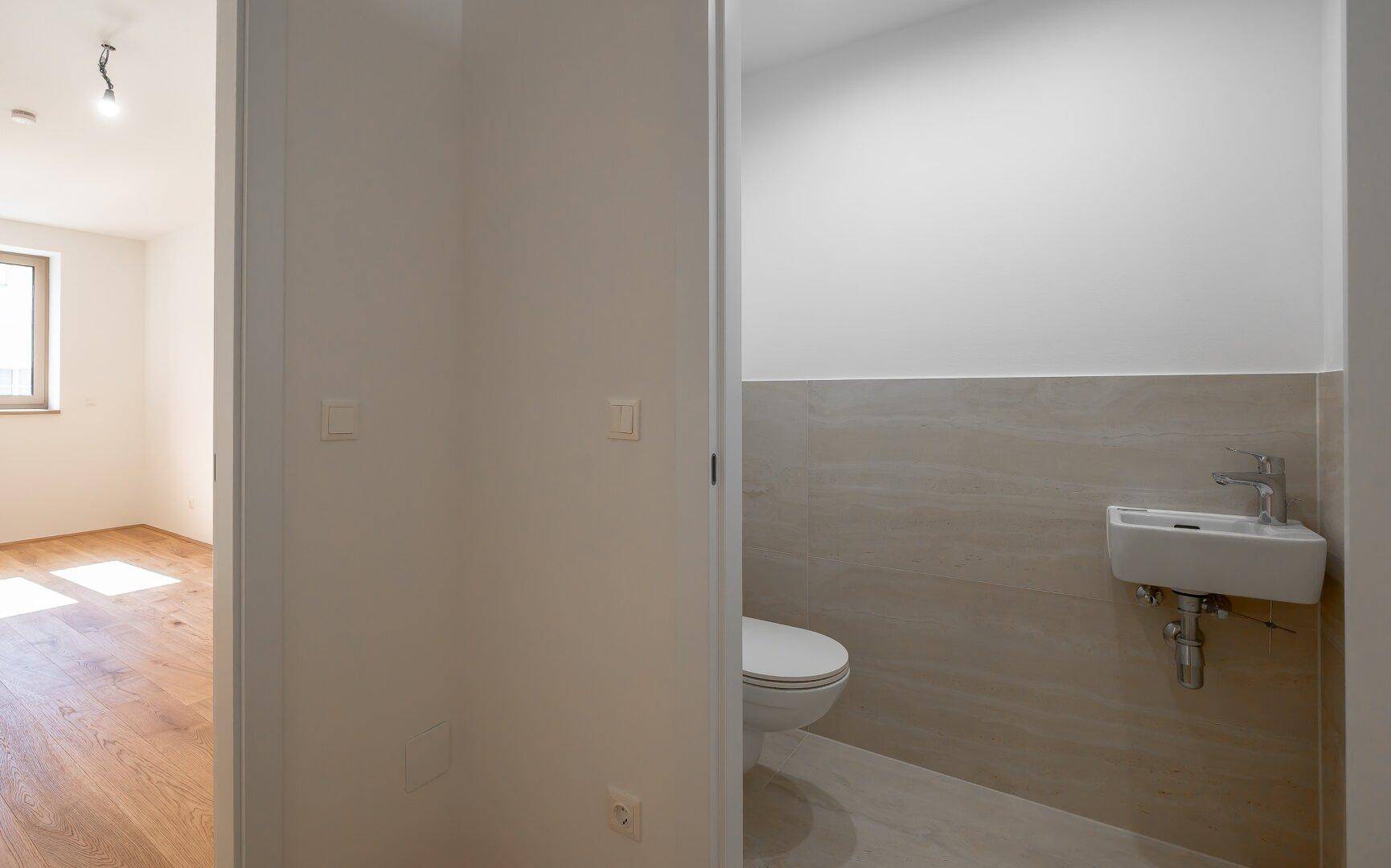 Modernes Gäste-WC mit Wand-WC, kleinem Waschbecken und eleganten Fliesen an den Wänden.