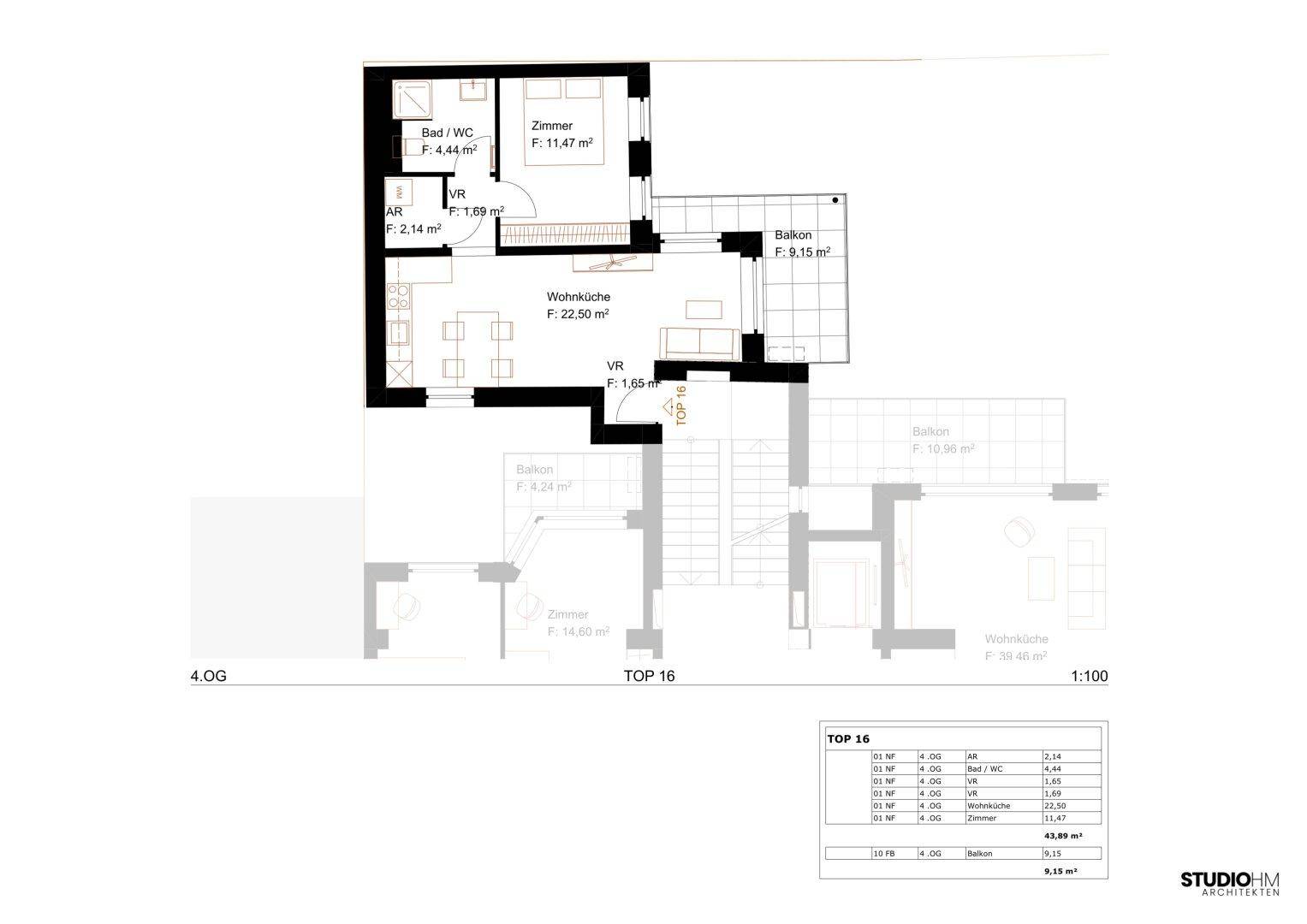 Grundrissplan einer Wohnung mit Zimmern, Bad, WC und Balkon, inklusive Flächenangaben.