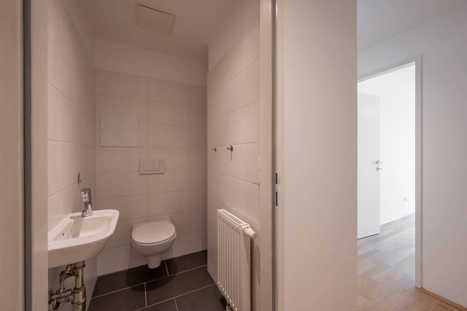 Modernes Gäste-WC mit Wand-WC, kleinem Waschbecken und dunklen Bodenfliesen.