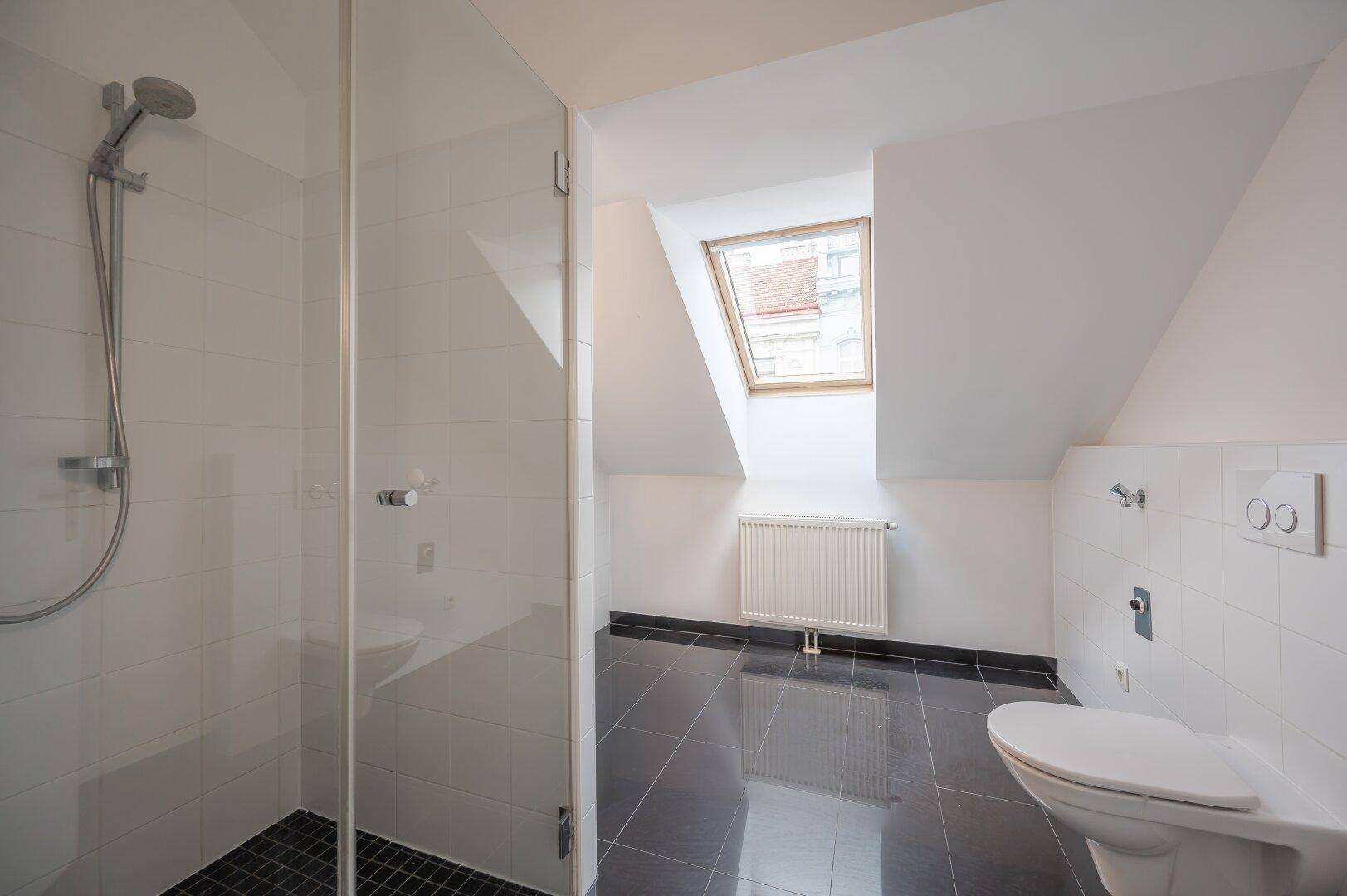 Modernes Badezimmer mit Dusche, dunklen Fliesen und Dachfenster.