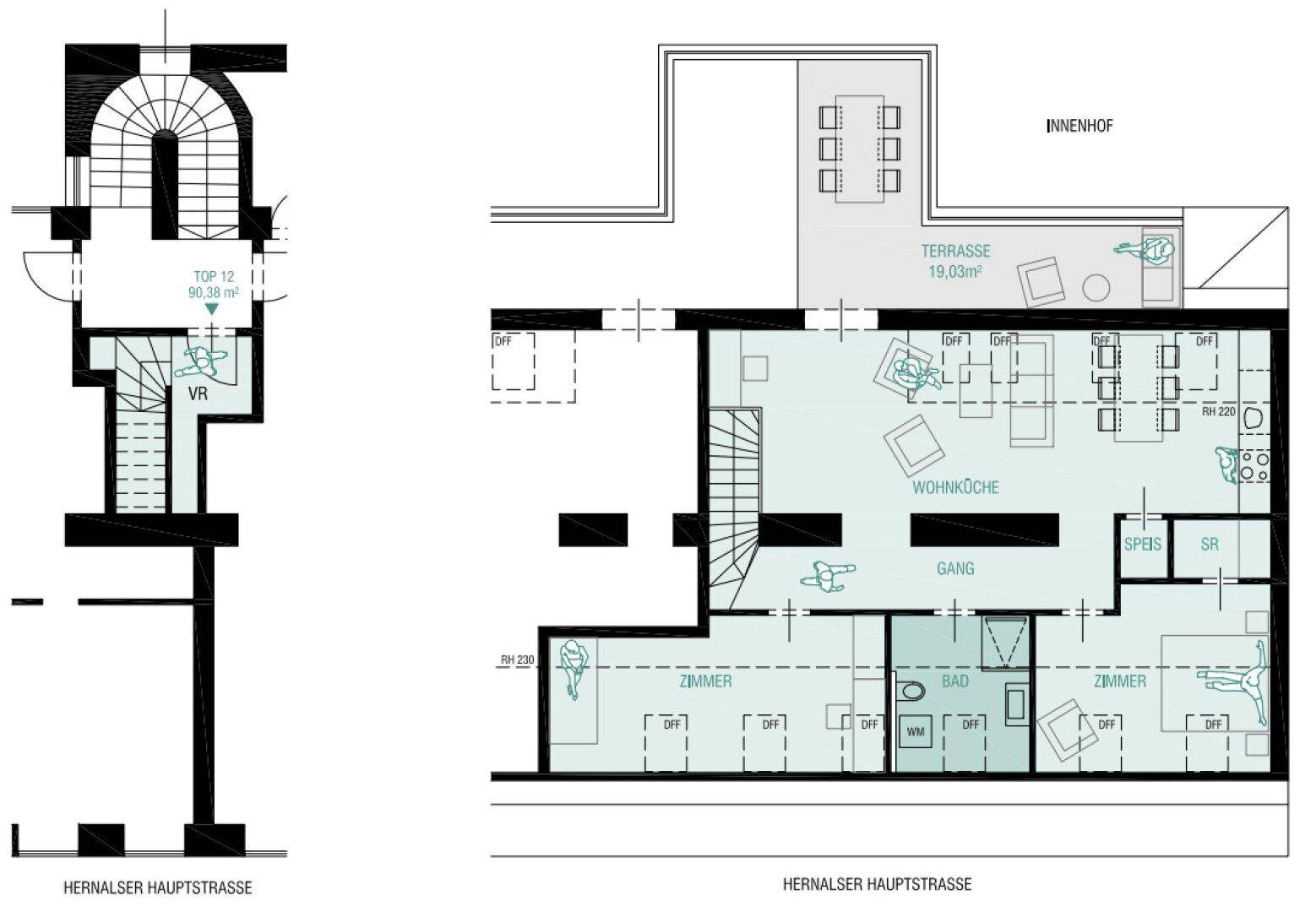 Grundrissplan einer Wohnung mit offener Wohnküche, zwei Zimmern, Bad und einer großzügigen Terrasse zum Innenhof.