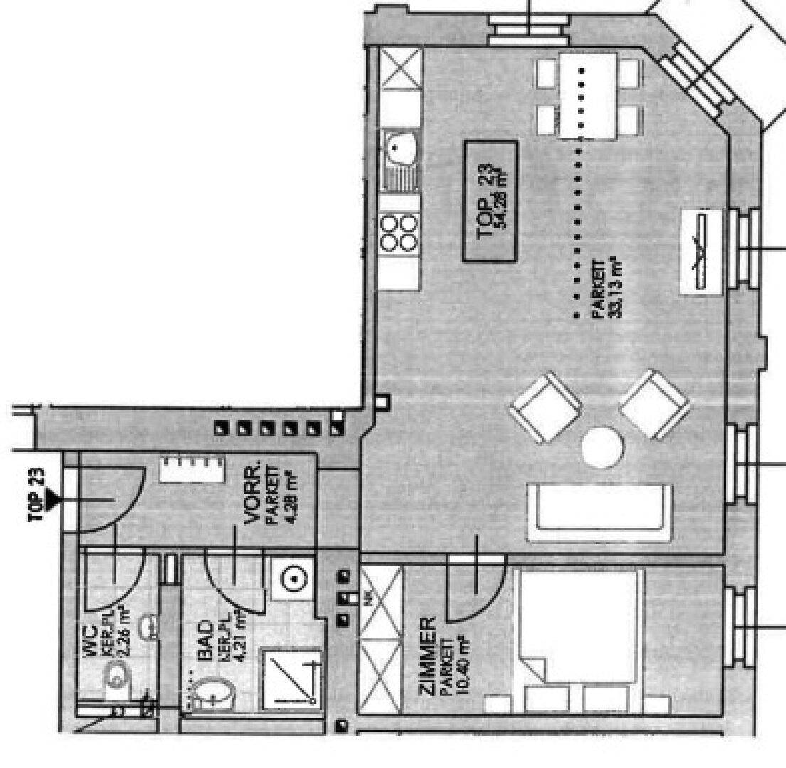 Grundriss der Wohnung Top 23 mit einem Schlafzimmer, Bad und offenem Wohnbereich.