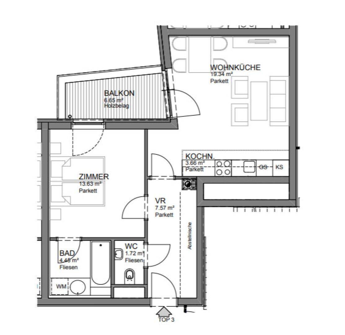 Grundriss einer Wohnung mit Wohnküche, einem Zimmer, Bad, WC und Balkon.