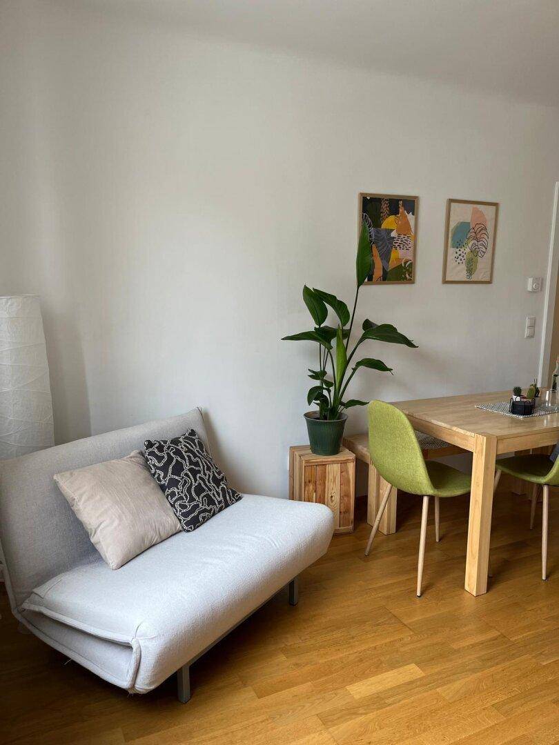 Gemütlicher Wohnbereich mit Sofa, Esstisch und Pflanzen, ideal zum Entspannen.