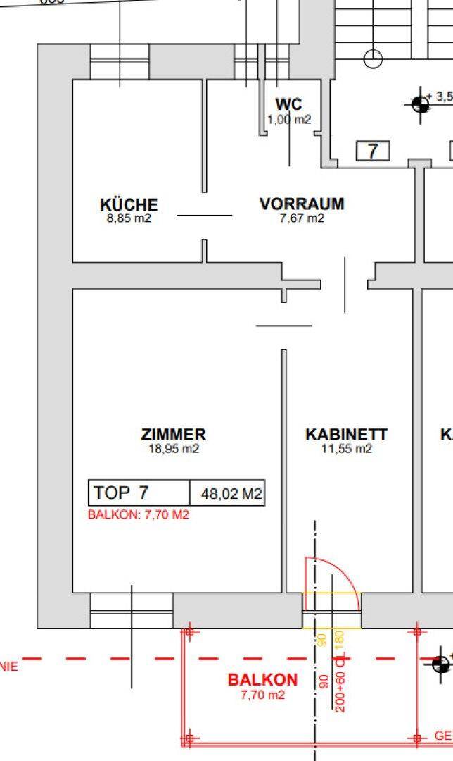 Grundriss mit Zimmern, Küche, WC und einem Balkon, inklusive Flächenangaben.