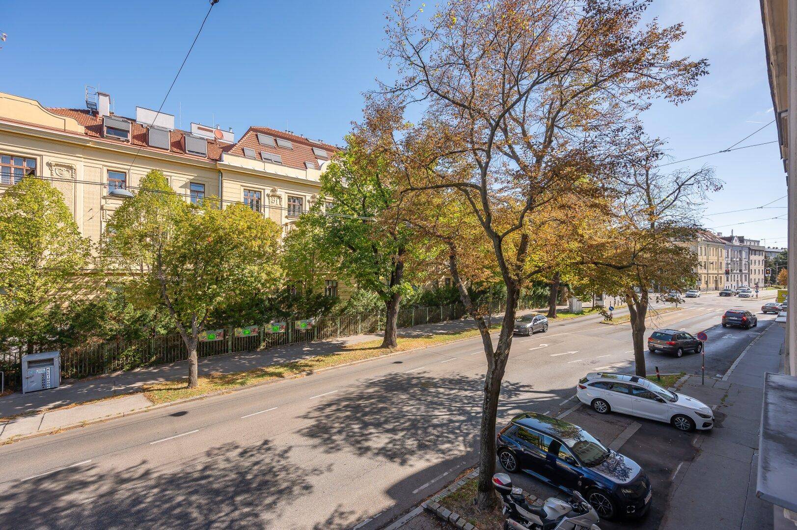 Blick von einem Balkon auf eine belebte Straße mit Bäumen und parkenden Autos.
