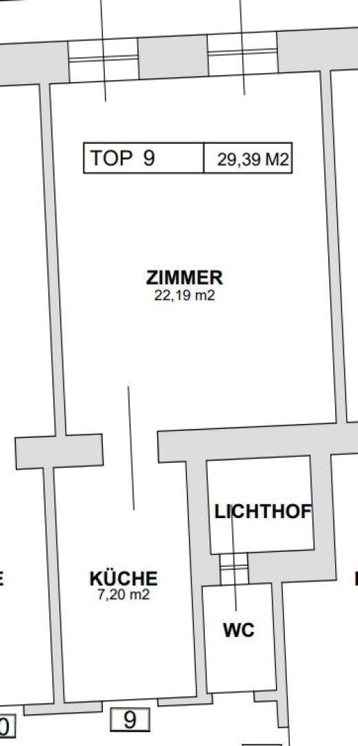 Grundriss einer Wohnung mit Zimmer, Küche und WC, inklusive Flächenangaben.