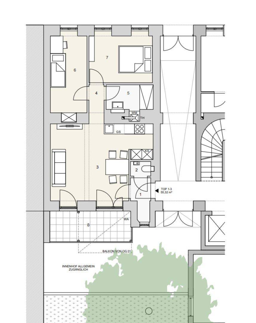 Grundriss der Wohnung mit Balkon, Zugang zum Innenhof und drei Zimmern.