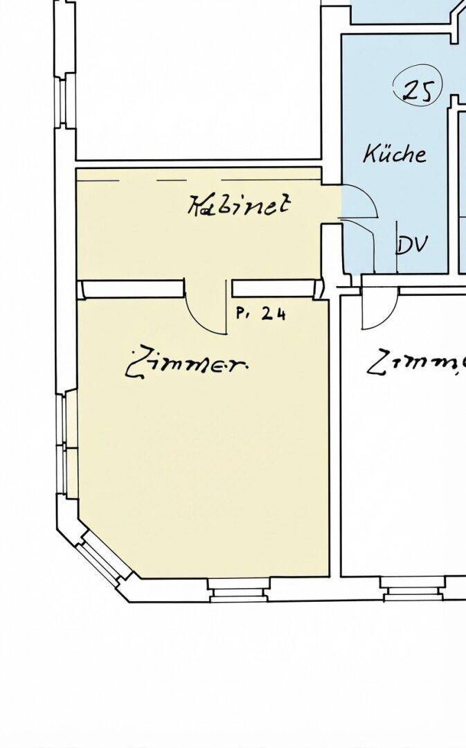 Ausschnitt eines Grundrisses mit Zimmern und einer Küche, handbeschriftet.