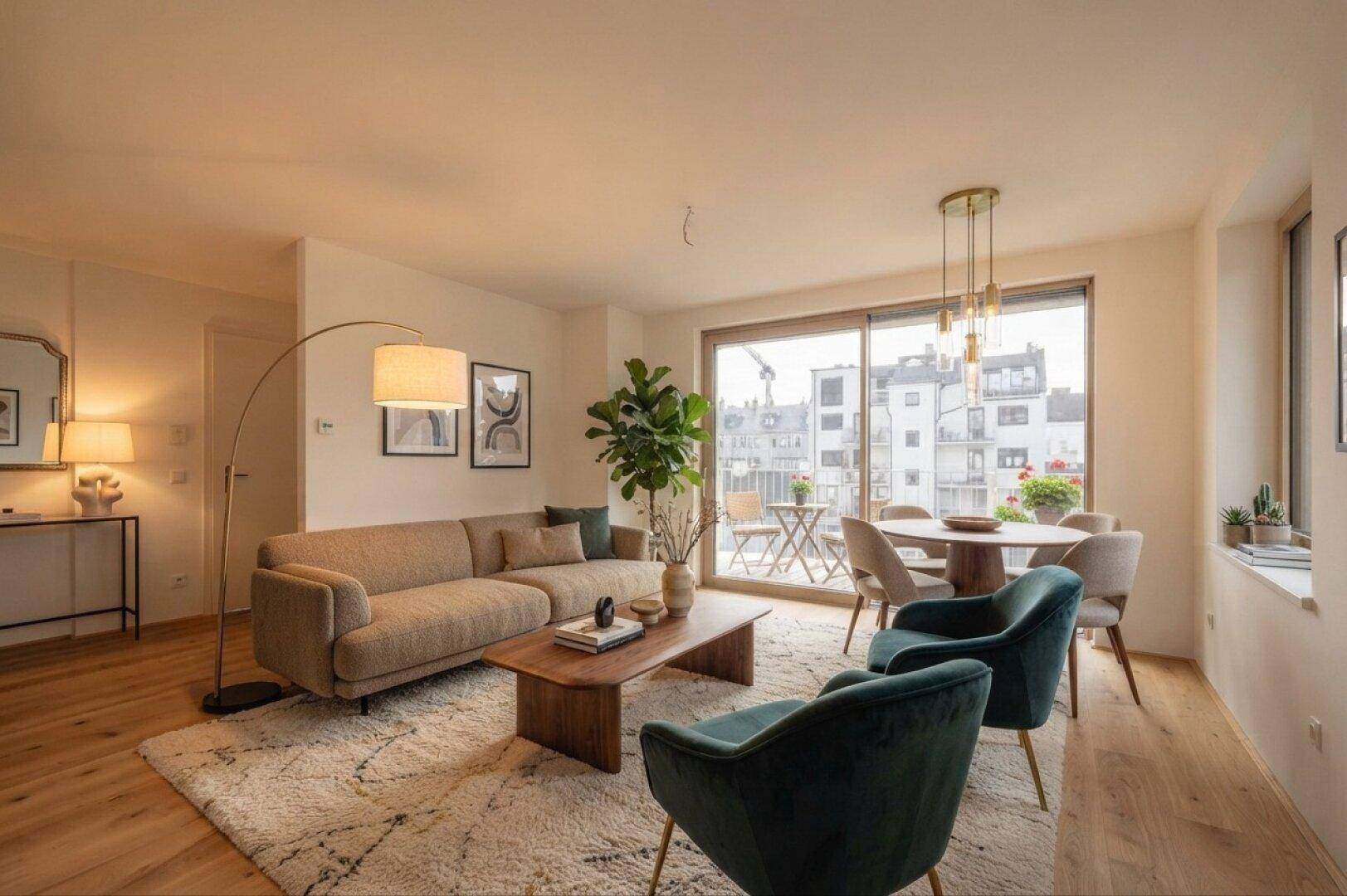 Gemütlicher Wohn-Essbereich mit modernen Möbeln, Holzboden und Zugang zum Balkon.