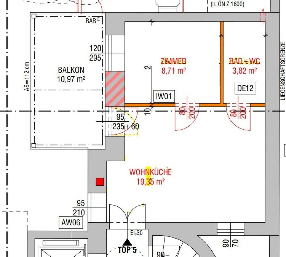 Grundriss eines Apartments mit Balkon, Wohnküche, Zimmer und Bad mit WC.
