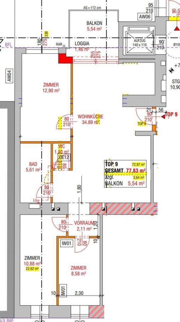 Detaillierter Grundriss einer Wohnung mit Zimmern, Wohnküche, Bad und Balkon.