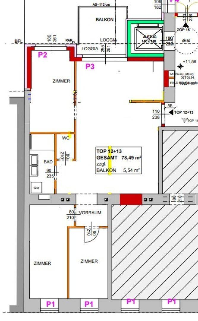 Detaillierter Grundriss mit Zimmern, Balkon, Loggia und Gesamtfläche von 78,49 m².