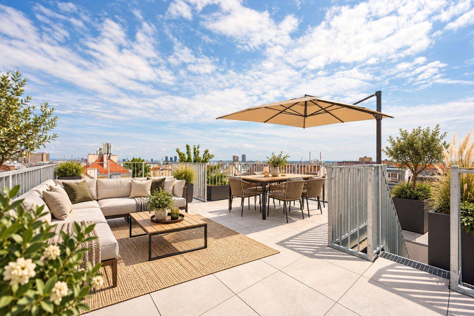 Geräumige Dachterrasse mit modernen Lounge-Möbeln, Essbereich und weitem Stadtblick unter blauem Himmel.