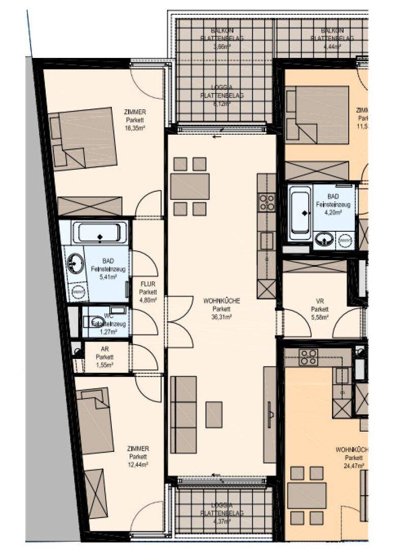 Detaillierter Grundriss einer Wohnung mit mehreren Zimmern, Bädern und Balkonen.