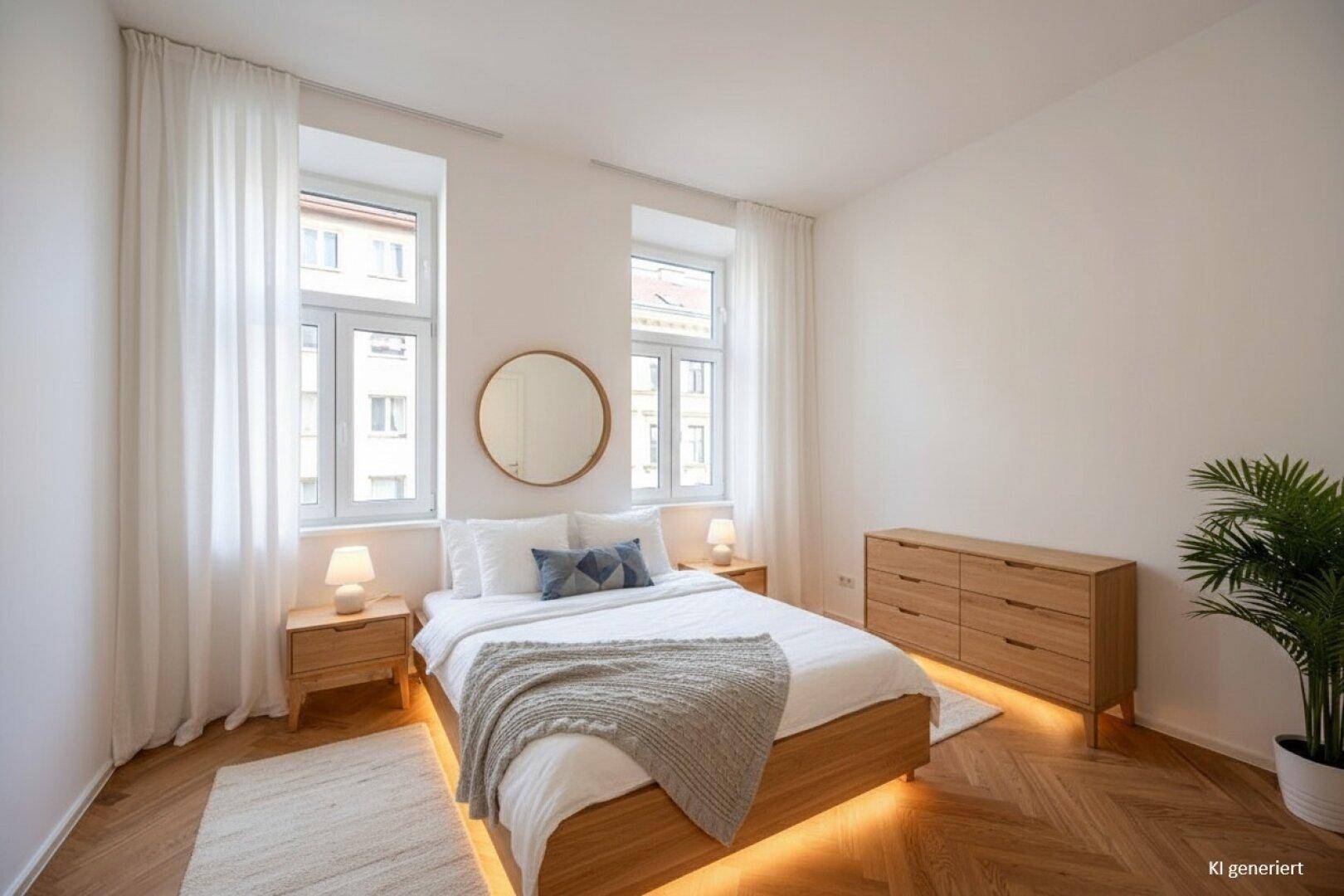 Modern eingerichtetes Schlafzimmer mit Fischgrätparkett, indirekter Beleuchtung und runden Spiegel.