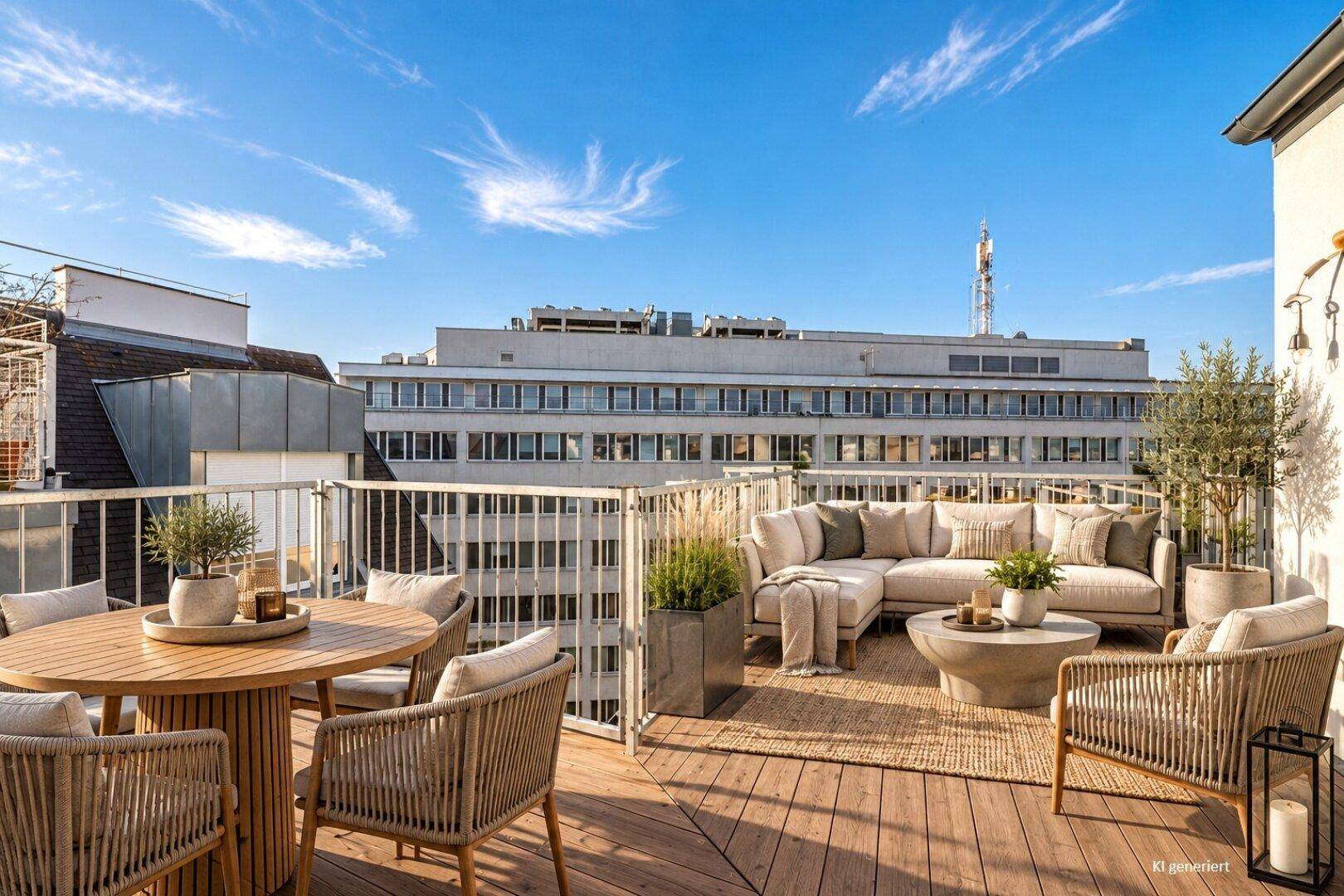 Möblierte Dachterrasse mit Sitzgelegenheiten und Pflanzen, ideal zum Entspannen.