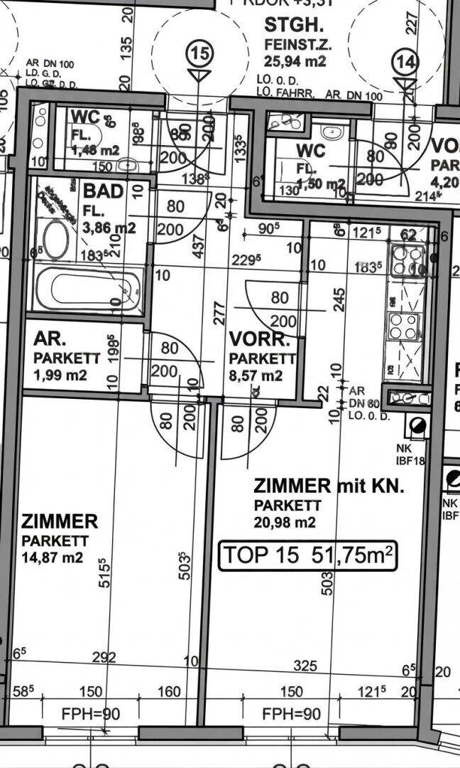 Grundrissplan einer Wohnung mit mehreren Zimmern, Bad, WC und Abstellraum.