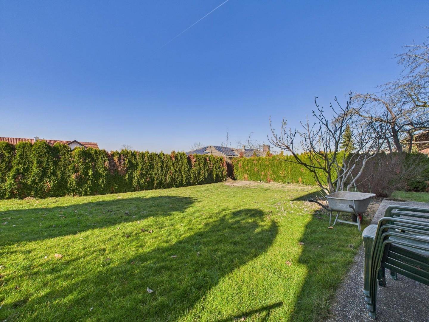 Großer, sonniger Garten mit Rasenfläche und hoher Hecke, ideal für Freizeitaktivitäten.