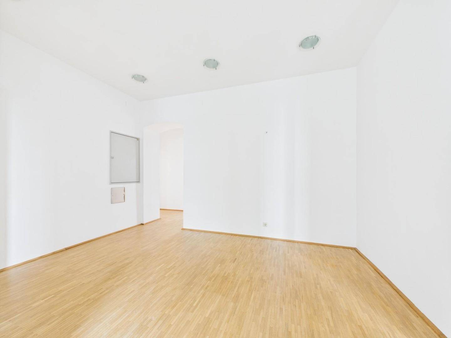 Geräumiger, heller Raum mit Holzparkettboden und integrierten Deckenleuchten, ideal für verschiedene Nutzungen.