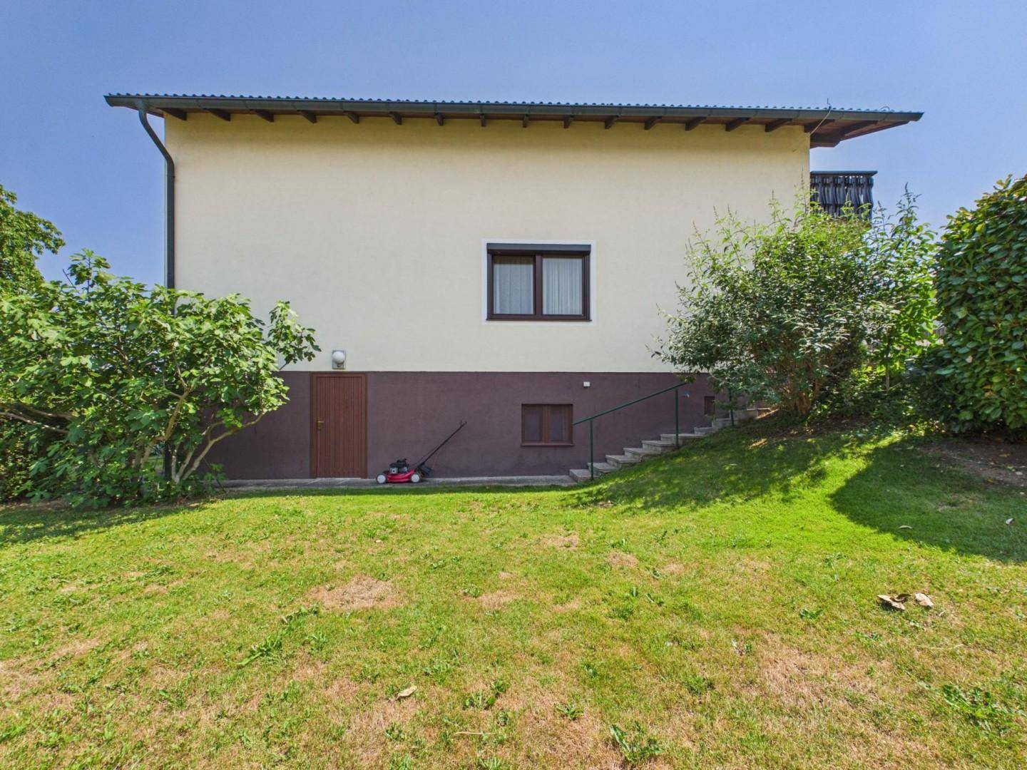 Seitenansicht des Hauses mit Zugang zum Keller und gepflegtem Rasenbereich.