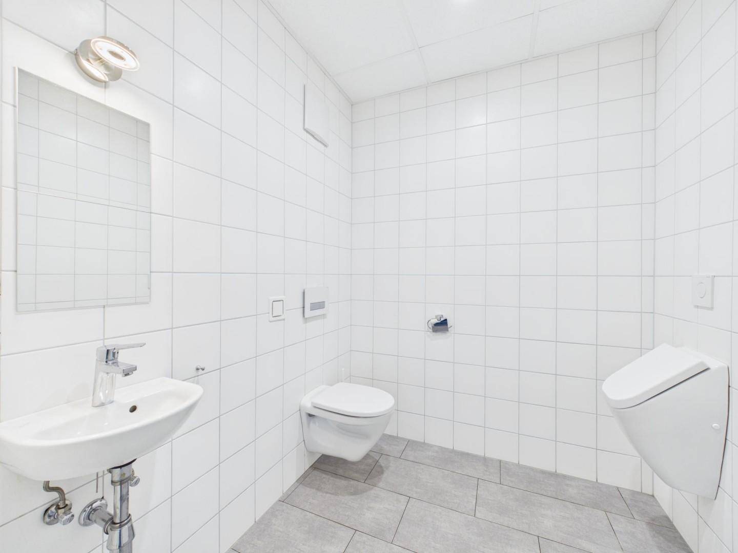 Gefliester Toilettenraum mit Wand-WC, Waschbecken, Spiegel und Urinal, in modernem Design.