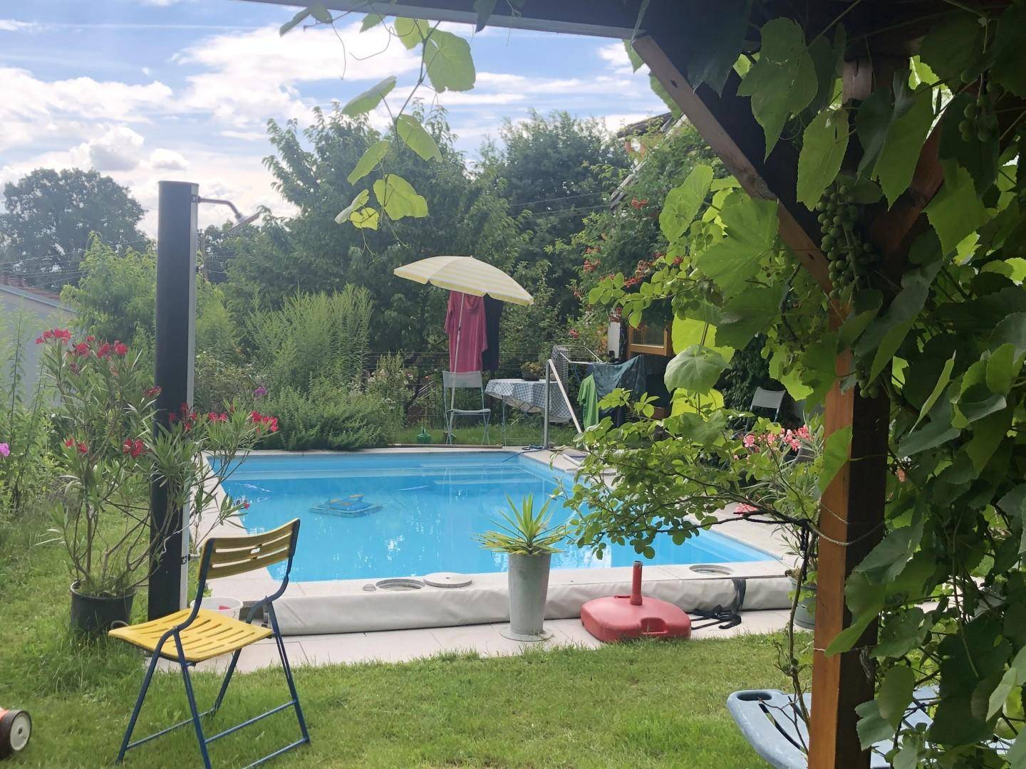 Gartenbereich mit einem eingelassenen Pool, umgeben von Grünpflanzen und einer Pergola.