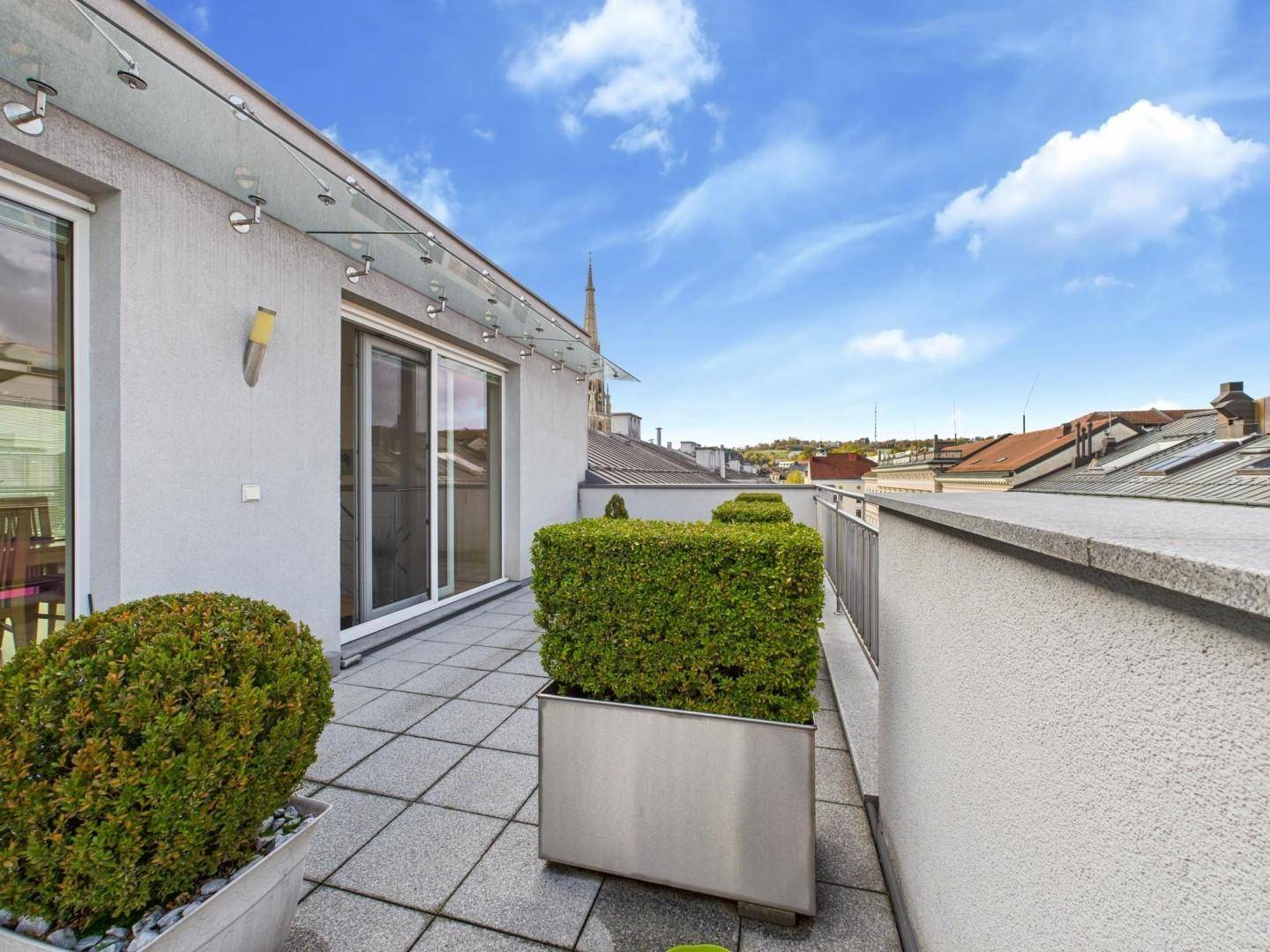 Dachterrasse mit gepflegten Pflanzenkübeln und weitem Blick über die Stadt.