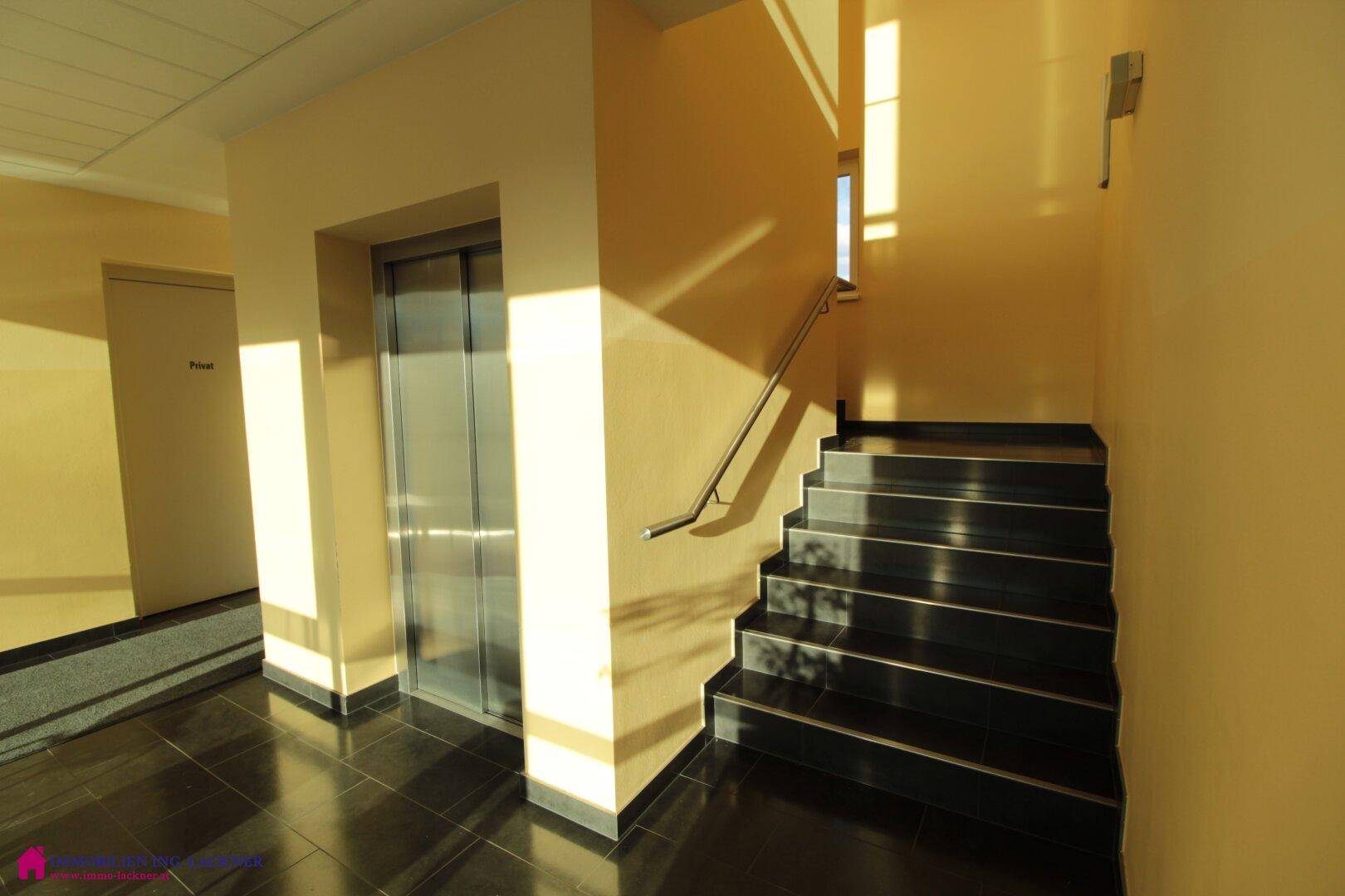 Heller Eingangsbereich mit Treppe, Aufzug und dunklen Fliesen, durchflutet von Sonnenlicht.