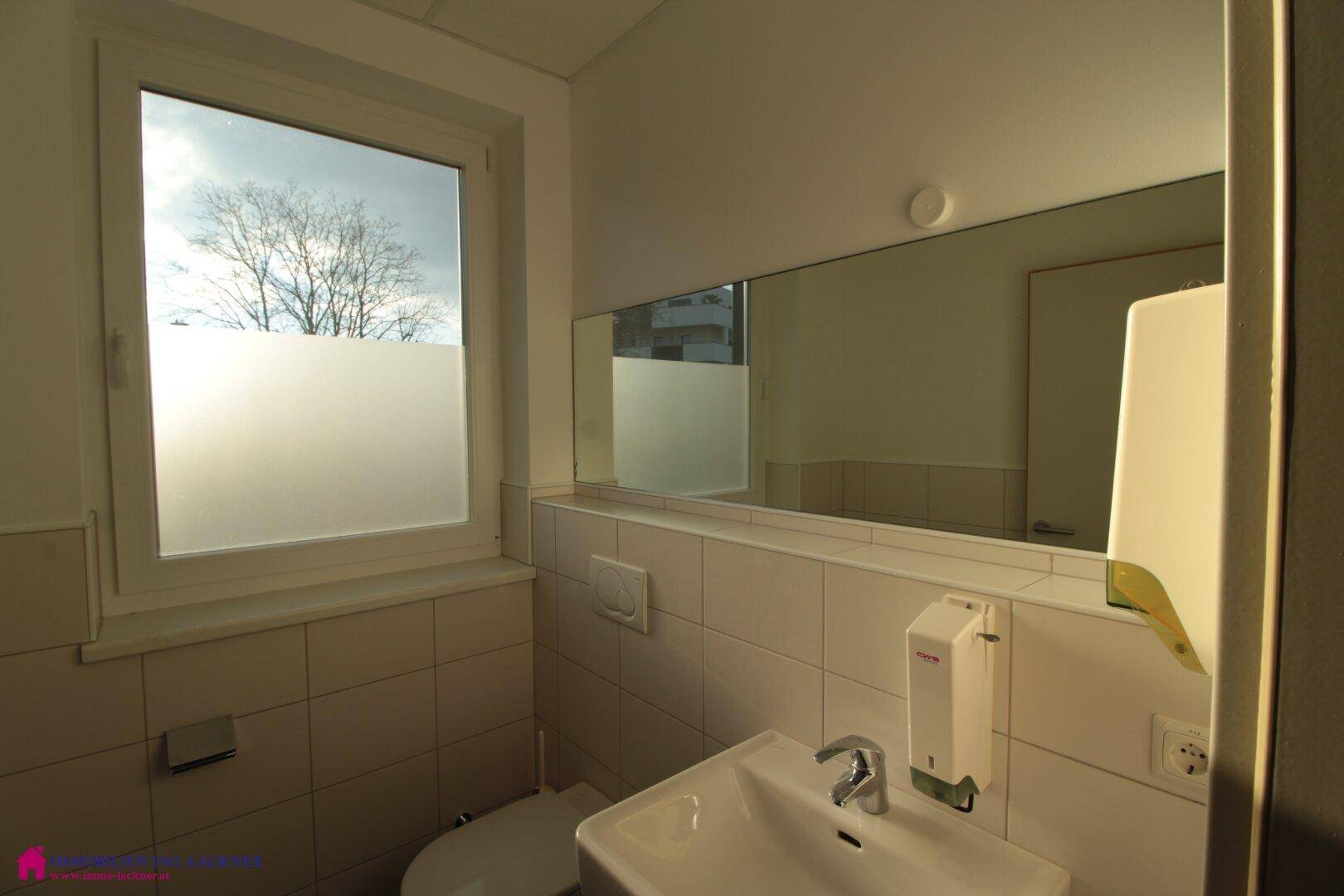 Modernes WC mit Waschbecken, Spiegel und Fenster für natürliche Belüftung.