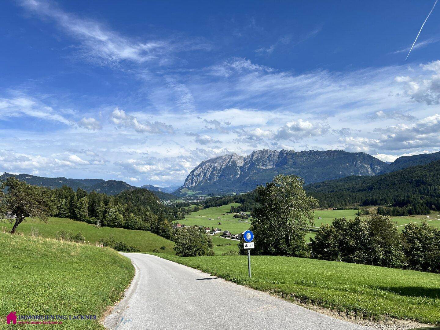 Malerische Landstraße schlängelt sich durch grüne Hügel mit beeindruckendem Bergpanorama im Hintergrund.