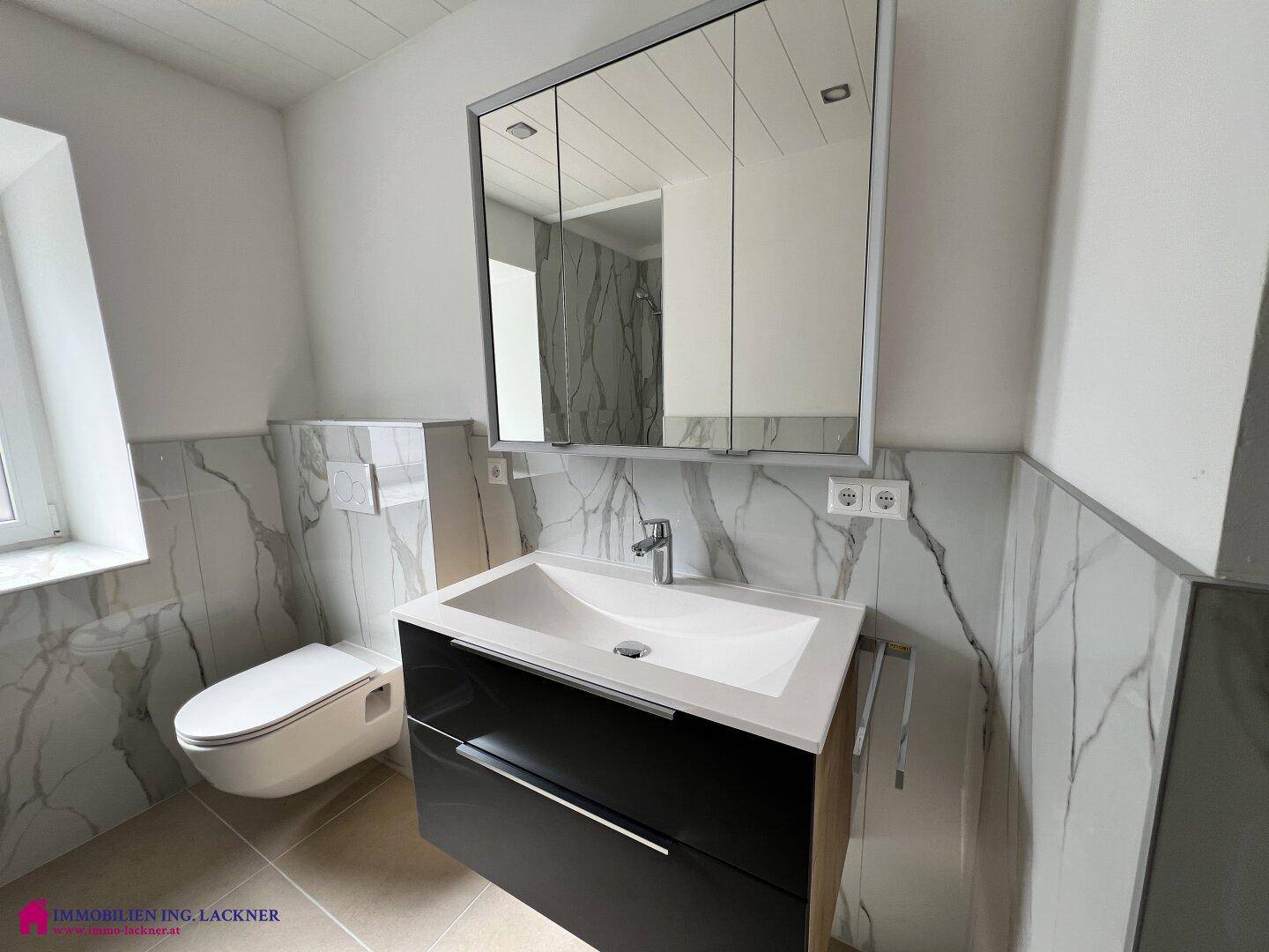 Modernes Badezimmer mit Waschtisch, Spiegelschrank und eleganten Marmorfliesen.