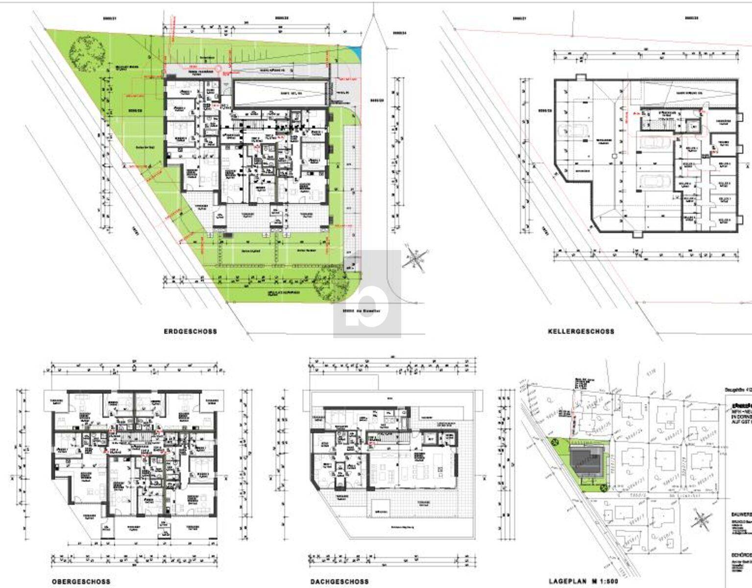 Übersicht verschiedener Grundrisse und ein Lageplan des gesamten Gebäudekomplexes.