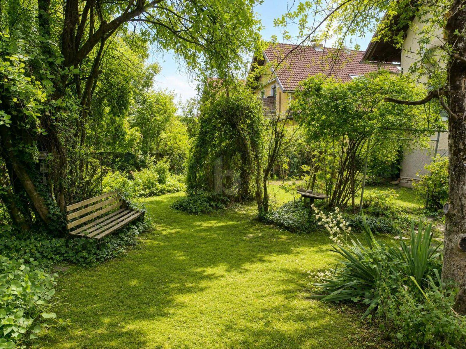 Idyllischer Garten mit Rasen, alter Holzbank und üppiger Vegetation, im Hintergrund ein Wohnhaus.