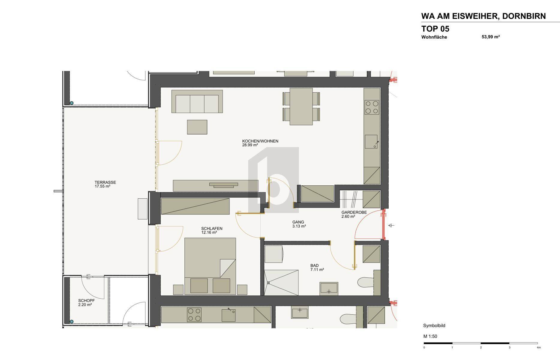 Grundriss der Wohnung TOP 05 mit offenem Wohnbereich, Schlafzimmer und großer Terrasse.