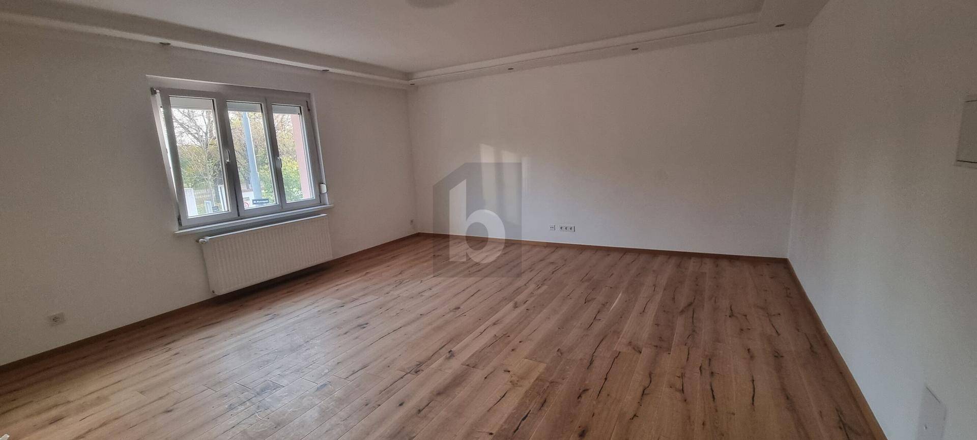 Geräumiges, unmöbliertes Zimmer mit hellem Laminatboden und einem großen Fenster für viel Tageslicht.