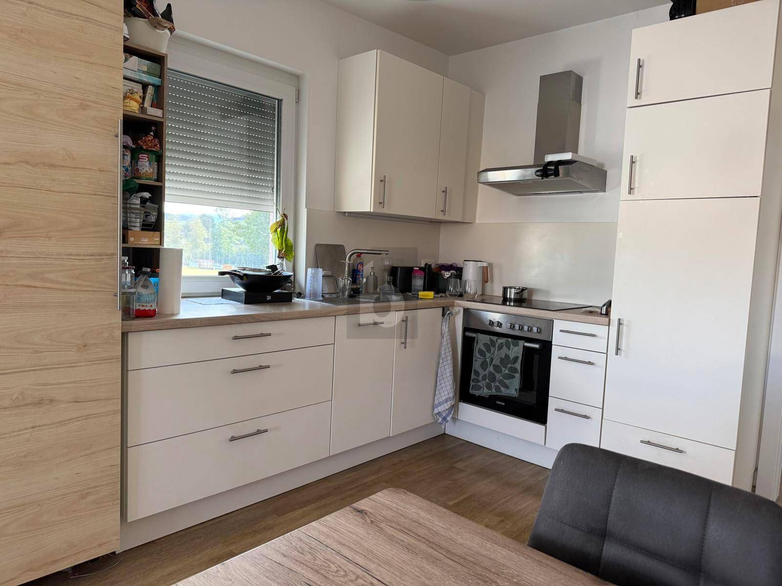 Moderne Einbauküche mit weißen Schränken, integrierten Geräten und Fenster.