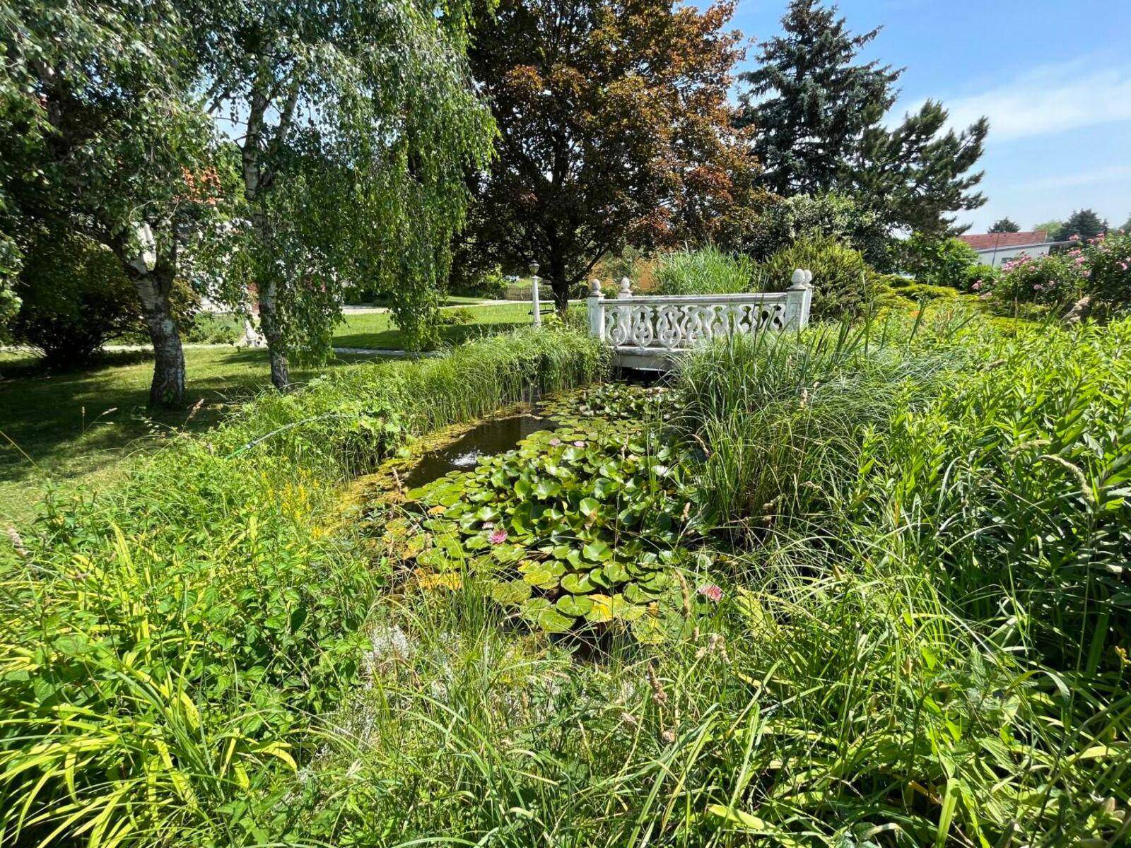 Idyllischer Gartenbereich mit Teich, Seerosen und einer charmanten weißen Brücke.