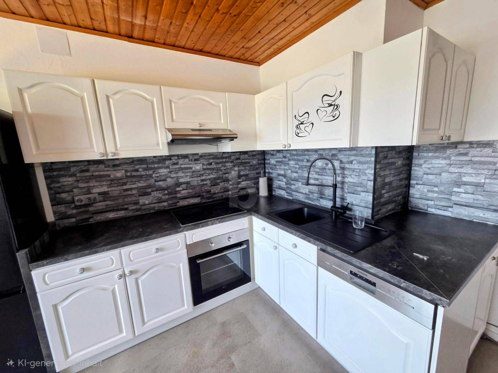 Weiße Einbauküche mit dunklen Arbeitsplatten, Steinoptik-Rückwand und Holzdecke.