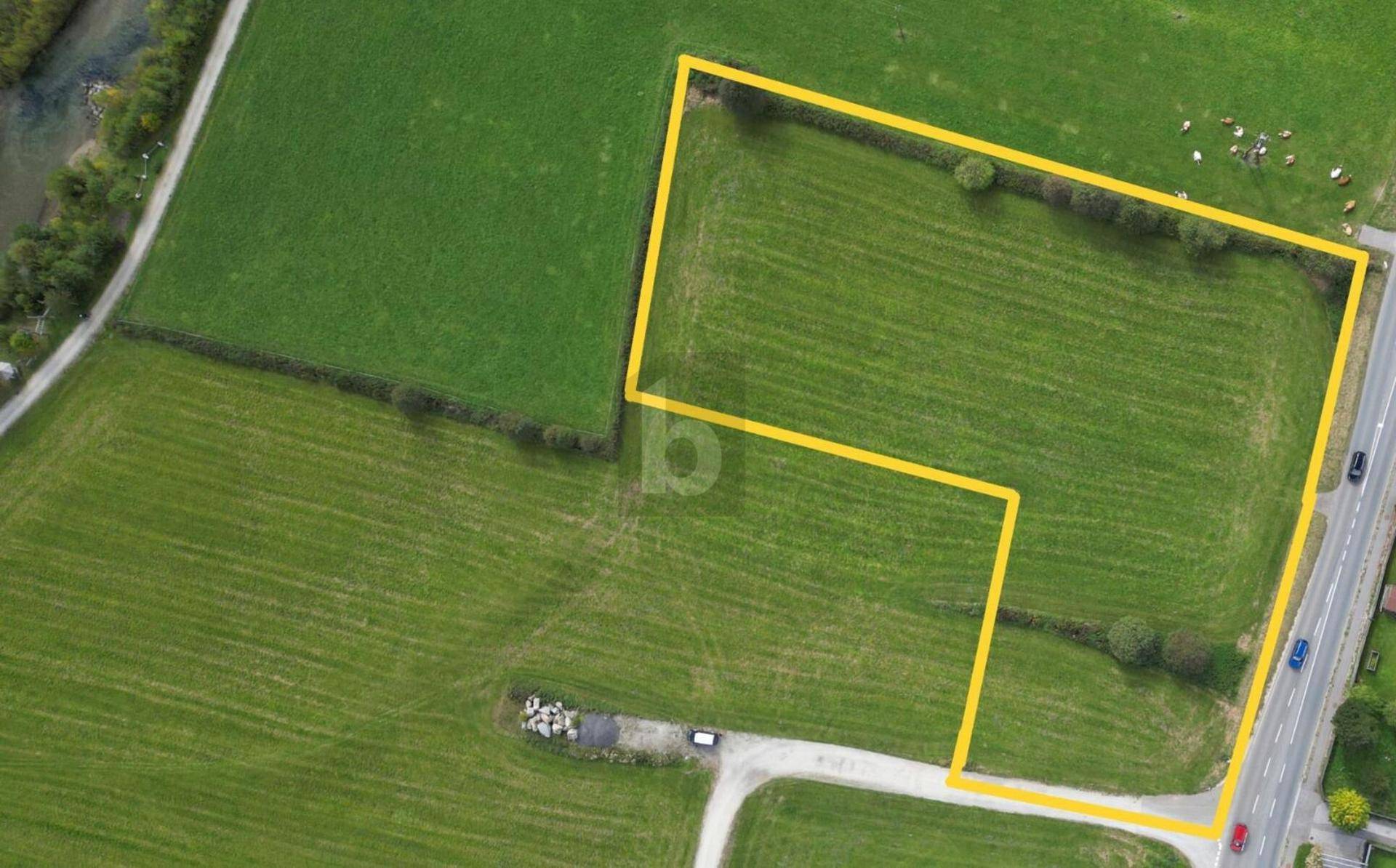 Luftaufnahme eines grünen Grundstücks mit gelber Markierung, angrenzend an eine Straße und einen Fluss.