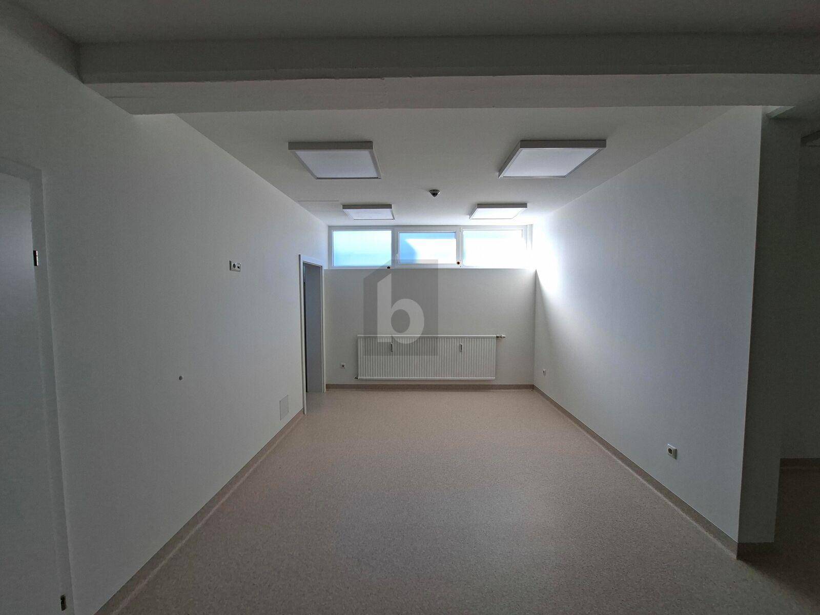 Langer, heller Raum mit hohen Fenstern und Heizkörper, geeignet als Büro oder Arbeitszimmer.