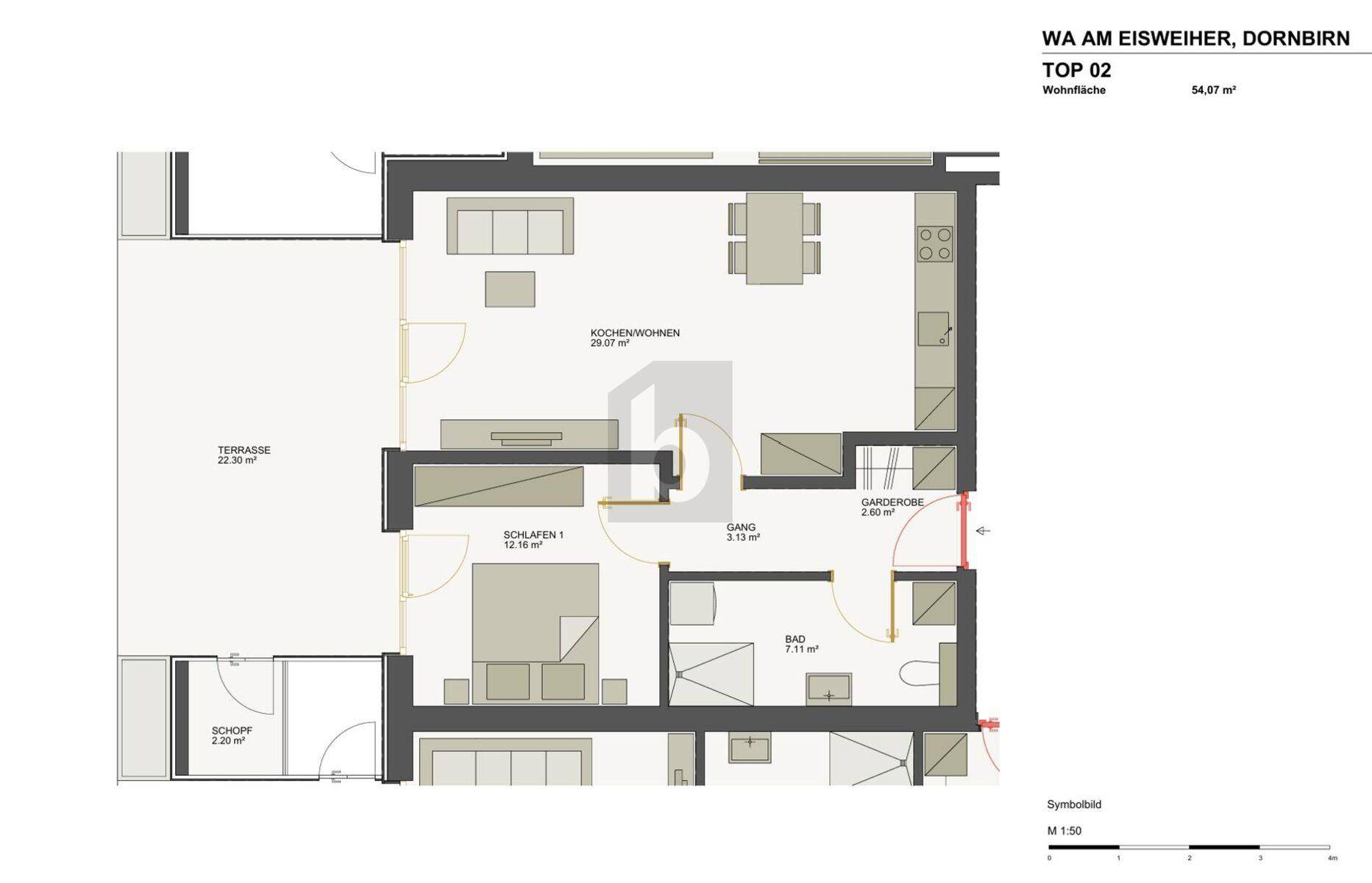 Grundriss einer modernen Wohnung mit offener Wohnküche, einem Schlafzimmer und einer großzügigen Terrasse.
