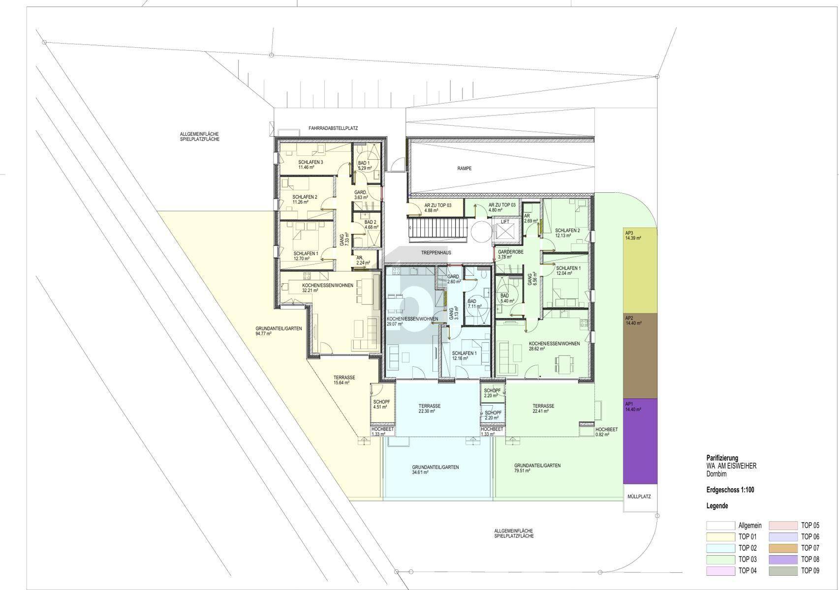 Detaillierter Erdgeschoss-Grundriss mit mehreren Wohneinheiten, privaten Terrassen und Gärten.