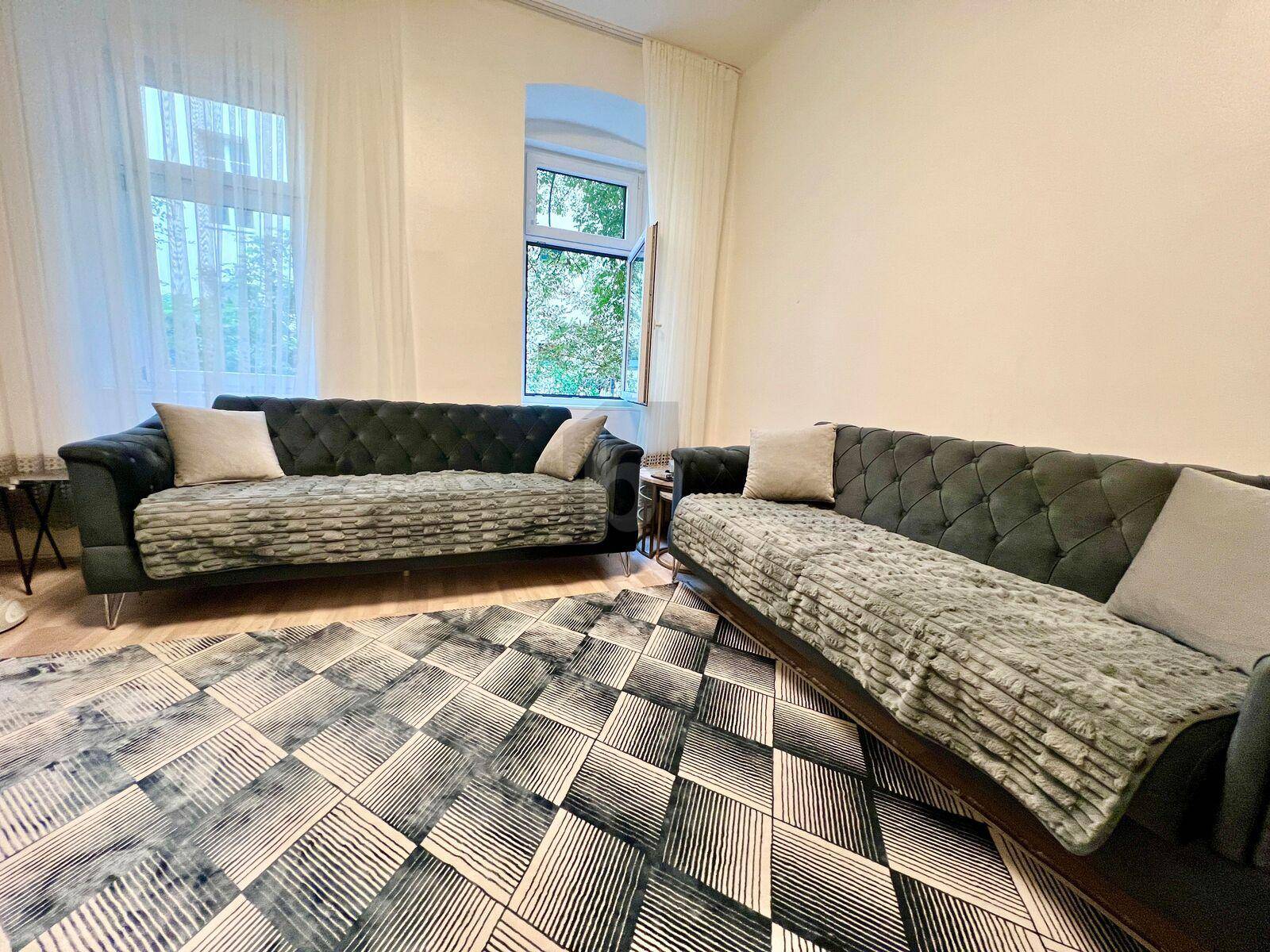 Gemütliches Wohnzimmer mit zwei dunklen Sofas, einem modernen Teppich und viel Tageslicht.
