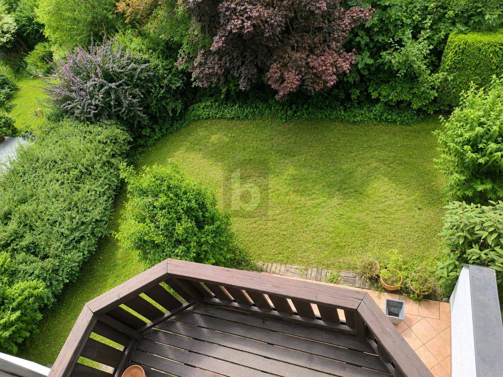 Gepflegter Garten mit Rasenfläche und üppiger Bepflanzung, von einer Holzterrasse aus gesehen.