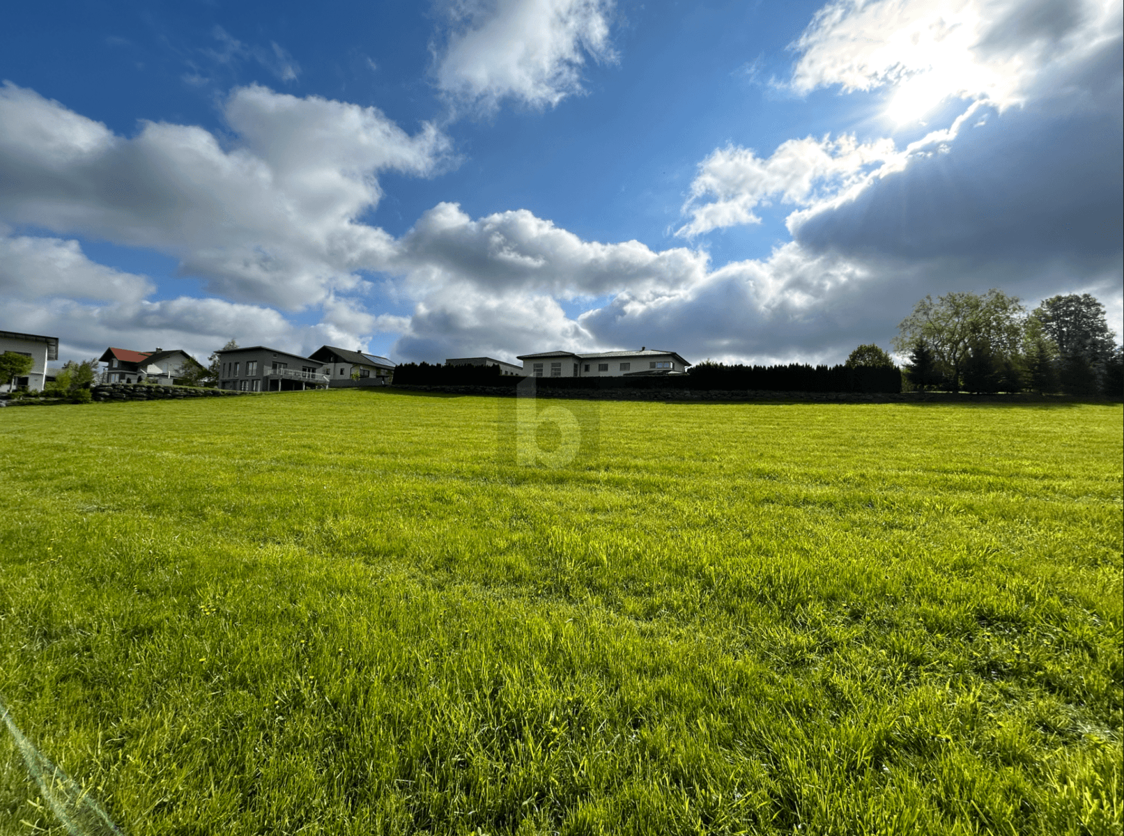 Weitläufiges grünes Feld unter strahlendem Himmel mit Häusern am Horizont.